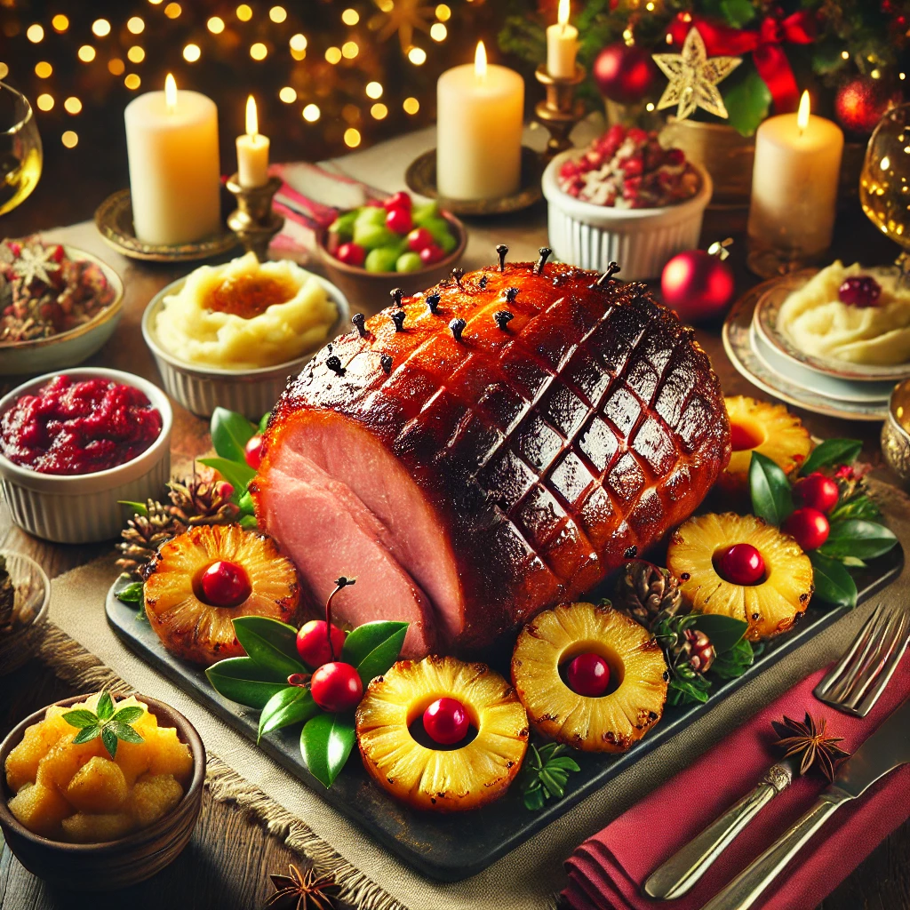 Christmas ham, baked ham recipe, holiday ham, festive ham, pineapple glazed ham, cherry garnish, cloves ham, roasted vegetables, mashed potatoes, cranberry sauce, Christmas dinner, holiday recipes, ham glaze, seasonal food, Christmas cooking, holiday table, festive meal, traditional ham, holiday side dishes, Christmas feast, glazed ham recipe, holiday baking, Christmas flavors, festive garnish, roasted ham, family dinner, cozy Christmas, festive recipes, seasonal baking, Christmas food, holiday flavor.