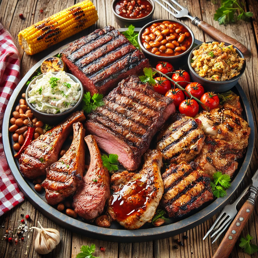 BBQ recipes, grilled beef, grilled pork, grilled chicken, BBQ platter, outdoor cooking, summer grilling, barbecue feast, rustic meal, char-grilled meats, backyard cookout, beef steak recipe, pork chop BBQ, chicken thighs grill, BBQ marinade, grill marks, BBQ sides, coleslaw recipe, grilled corn, baked beans, smoky flavors, herb garnishes, outdoor dining, picnic vibes, barbecue dinner, protein-packed meal, BBQ sauce, grilling tips, juicy meats, charred perfection, BBQ garnish.