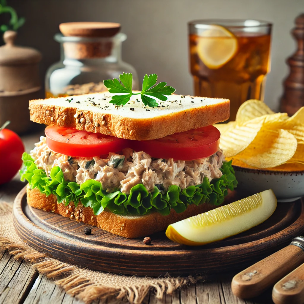 tuna salad sandwich, raw ingredients, tuna sandwich recipe, fresh ingredients, sandwich preparation, homemade tuna salad, rustic food styling, healthy sandwich, canned tuna, mayonnaise, chopped celery, diced onions, fresh bread slices, lettuce leaves, tomato slices, lemon wedge, rustic table setting, classic sandwich, wholesome meal, tuna salad prep, sandwich making, fresh and natural, easy sandwich recipe, comfort food, quick meal idea, lunch inspiration, delicious tuna sandwich, simple ingredients, food photography, meal preparation, rustic food display.