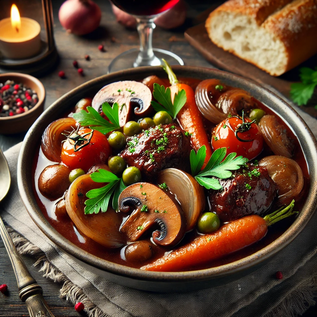 Beef Bourguignon, raw ingredients, French cuisine, rustic display, classic recipe, cooking preparation, tender beef, red wine, mushrooms, pearl onions, fresh parsley, garlic cloves, tomato paste, culinary essentials, hearty stew, traditional dish, gourmet cooking, rustic table, cozy ambiance, braised beef, French comfort food, savory dish, home cooking, culinary inspiration, wholesome meal, rustic kitchen, slow-cooked dish, classic French stew, food photography, authentic recipe.