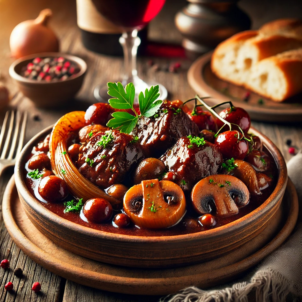 Beef Bourguignon, raw ingredients, French cuisine, rustic display, classic recipe, cooking preparation, tender beef, red wine, mushrooms, pearl onions, fresh parsley, garlic cloves, tomato paste, culinary essentials, hearty stew, traditional dish, gourmet cooking, rustic table, cozy ambiance, braised beef, French comfort food, savory dish, home cooking, culinary inspiration, wholesome meal, rustic kitchen, slow-cooked dish, classic French stew, food photography, authentic recipe.