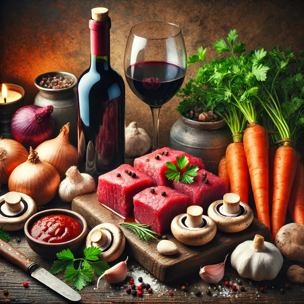 Beef Bourguignon, raw ingredients, French cuisine, rustic display, classic recipe, cooking preparation, tender beef, red wine, mushrooms, pearl onions, fresh parsley, garlic cloves, tomato paste, culinary essentials, hearty stew, traditional dish, gourmet cooking, rustic table, cozy ambiance, braised beef, French comfort food, savory dish, home cooking, culinary inspiration, wholesome meal, rustic kitchen, slow-cooked dish, classic French stew, food photography, authentic recipe.