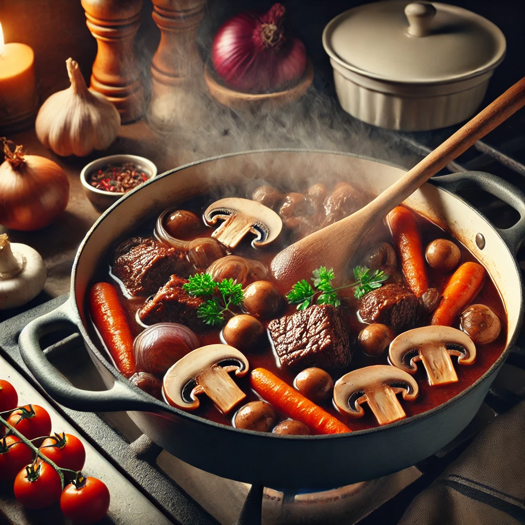 Beef Bourguignon, raw ingredients, French cuisine, rustic display, classic recipe, cooking preparation, tender beef, red wine, mushrooms, pearl onions, fresh parsley, garlic cloves, tomato paste, culinary essentials, hearty stew, traditional dish, gourmet cooking, rustic table, cozy ambiance, braised beef, French comfort food, savory dish, home cooking, culinary inspiration, wholesome meal, rustic kitchen, slow-cooked dish, classic French stew, food photography, authentic recipe.