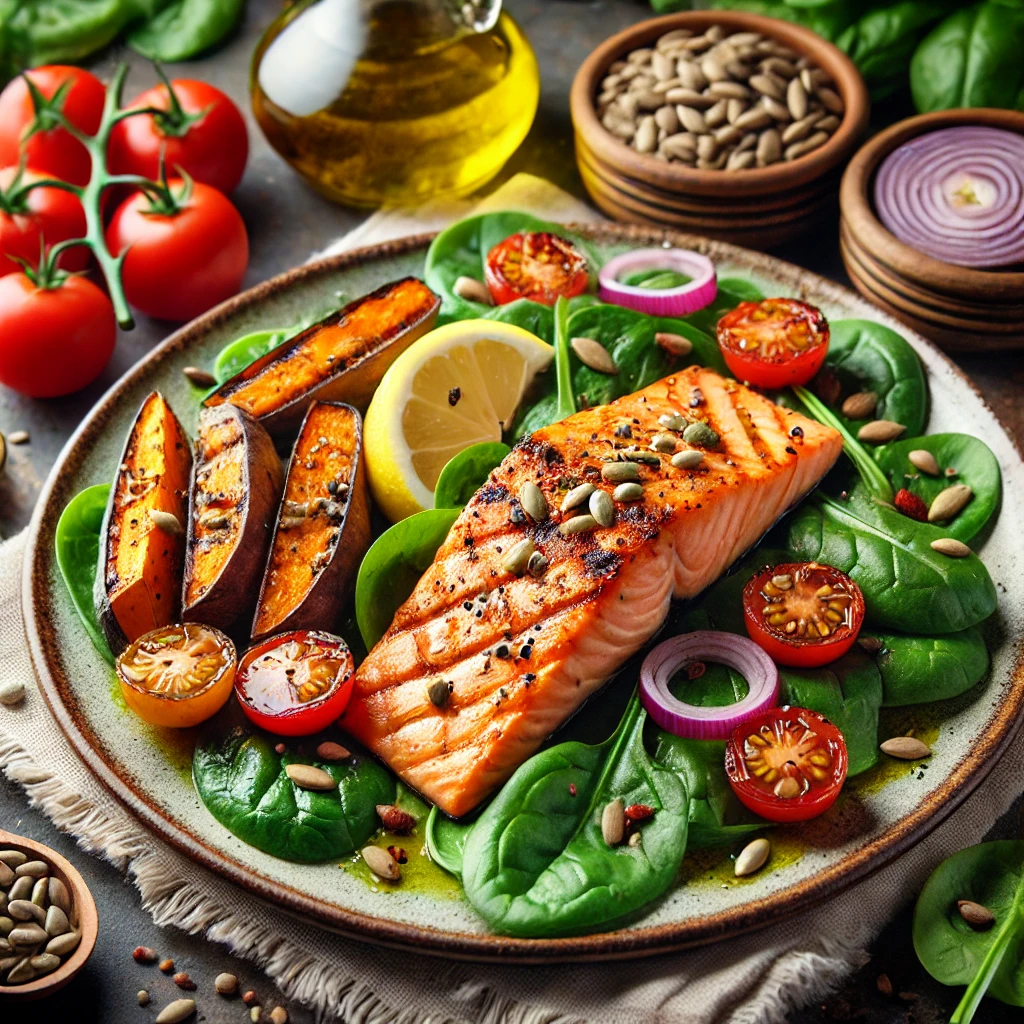 football player meal, high-performance meal, athlete nutrition, grilled salmon recipe, sweet potatoes, spinach salad, energy-boosting meal, post-workout meal, protein-packed meal, omega-3 fatty acids, muscle recovery, football nutrition, healthy athlete meal, sports performance food, balanced diet, complex carbohydrates, football player dinner, meal for endurance, football energy food, anti-inflammatory meal, high-protein recipe, athletic performance meal, football recovery food, nutrient-rich meal, clean eating, athletic fuel, game day meal, wholesome meal, football player health, optimal nutrition.