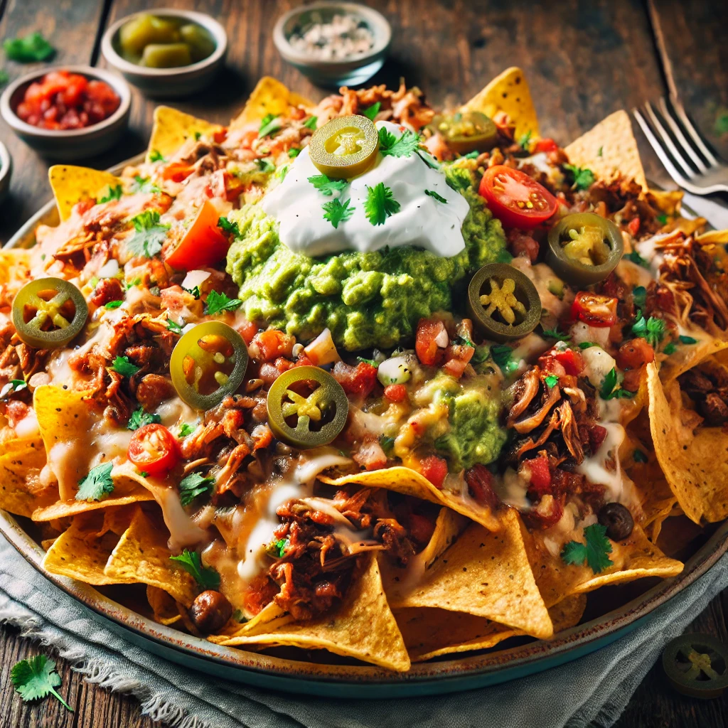 loaded nachos, ultimate nachos, cheat meal recipe, protein-packed nachos, meaty nachos, cheesy nachos, ground beef nachos, pulled pork nachos, chicken nachos, taco seasoning, cheese sauce, tortilla chips, party food, indulgent snack, Mexican-inspired recipe, nachos with meat, melted cheese nachos, savory nachos, nacho toppings, guacamole, sour cream, black beans, jalapeños, baked nachos, crowd-pleaser, game day snack, hearty nachos, cheesy delight, layered nachos, comfort food, spicy nachos.