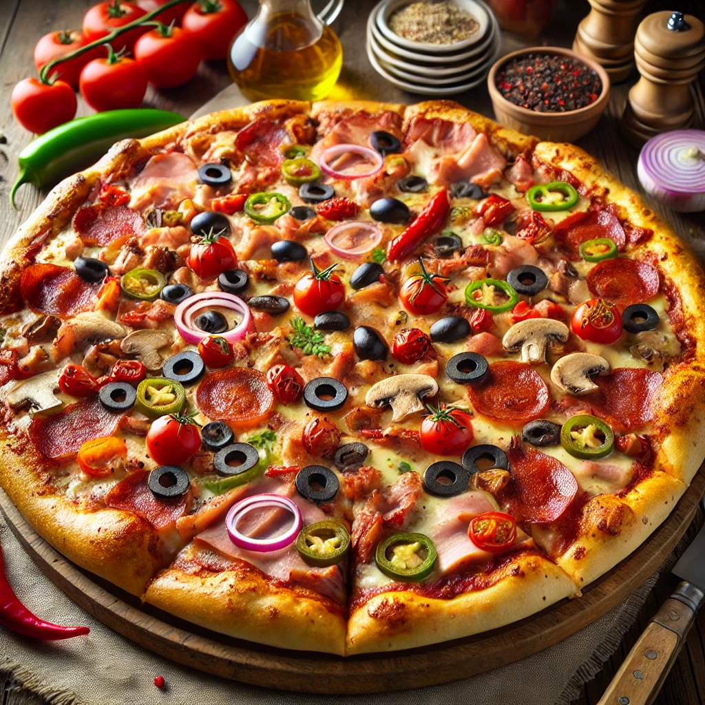 meat lovers pizza, loaded pizza recipe, ultimate pizza, all toppings pizza, homemade pizza recipe, pizza with meats and veggies, mozzarella cheese pizza, pepperoni pizza, sausage and bacon pizza, veggie pizza, pizza dough recipe, tomato sauce, gourmet pizza, customizable pizza, family dinner pizza, cheesy pizza, comfort food, pizza for parties, basil garnish, hearty pizza, savory pizza recipe, pizza night ideas, indulgent pizza, black olives pizza, bell peppers pizza, mushroom pizza, jalapeño pizza, red onion pizza, Italian-style pizza, the best pizza.