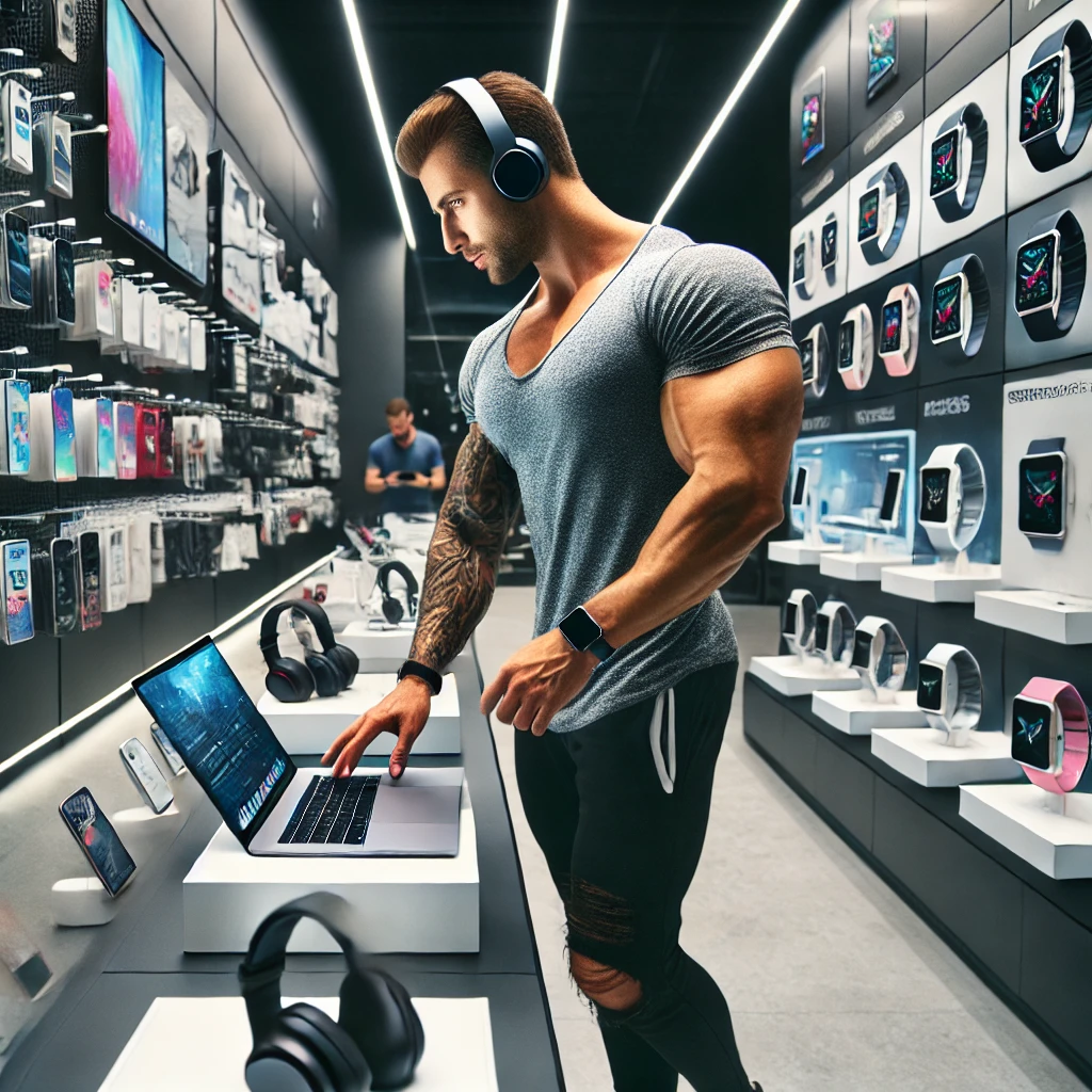 bodybuilder, tech shopping, electronics store, gadgets, laptops, smartphones, headphones, smartwatches, fitness tech, high-performance lifestyle, technology, casual athletic wear, modern store, tech gear, shopping experience, innovation, sleek design, tech-savvy, bright lighting, thoughtful buyer, fitness enthusiast, smart devices, tech integration, active lifestyle, cutting-edge technology, tech accessories, fitness and tech, shopping scene, consumer electronics, engaged shopper.