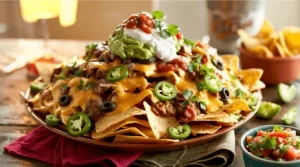 loaded nachos, ultimate nachos, cheat meal recipe, protein-packed nachos, meaty nachos, cheesy nachos, ground beef nachos, pulled pork nachos, chicken nachos, taco seasoning, cheese sauce, tortilla chips, party food, indulgent snack, Mexican-inspired recipe, nachos with meat, melted cheese nachos, savory nachos, nacho toppings, guacamole, sour cream, black beans, jalapeños, baked nachos, crowd-pleaser, game day snack, hearty nachos, cheesy delight, layered nachos, comfort food, spicy nachos.