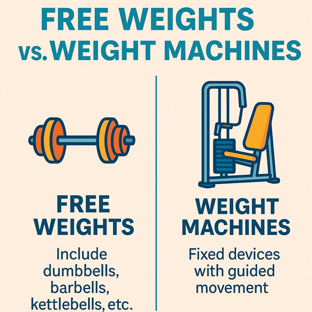 free weights, weight machines, strength training, gym equipment, workout comparison, resistance training, fitness beginners, advanced lifters, functional strength, exercise safety, home gym, muscle isolation, training efficiency, core stability, muscle coordination, compound exercises, isolated exercises, rehabilitation workouts, gym routine, fitness goals, dumbbells, barbells, kettlebells, leg press, chest press, cable machine, athletic performance, training progression, exercise variety, muscle building, gym tips, workout guide, injury prevention, exercise equipment, personal fitness, strength program, fitness benefits, exercise plan, gym setup, muscle tone, strength development, weightlifting basics, fitness motivation, gym education, workout tools, hybrid workout, machine vs free weights, resistance gear, fitness strategy, gym pros and cons, strength improvement, weight training guide