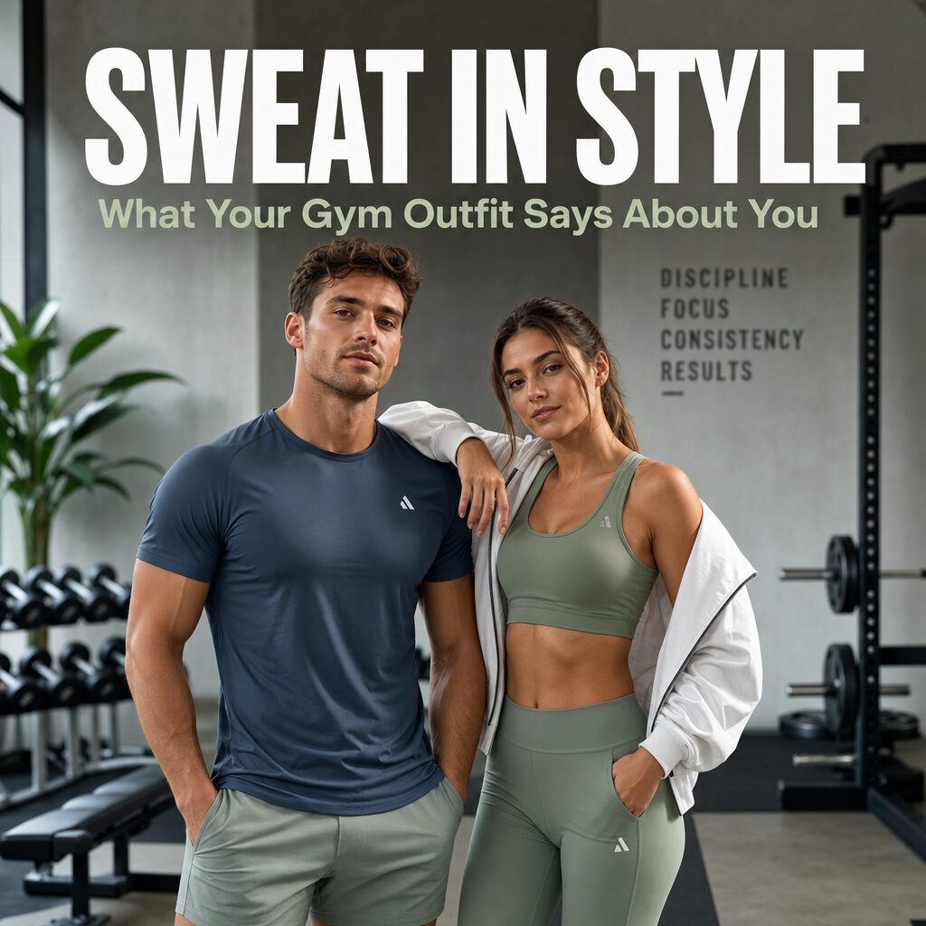 Square 1:1 fitness lifestyle photo for a website article. An athletic man and woman, both toned weightlifters (lean muscular build, not overly bulky), standing together in a modern minimalist gym near dumbbells and a barbell, wearing coordinated fashionable athletic outfits (sleek muted tones like charcoal grey, deep navy, sage green, and white — avoid orange and avoid black-dominant palettes). Confident poses, natural soft studio lighting, shallow depth of field, editorial fashion-meets-fitness aesthetic, clean background with subtle gym equipment blurred behind. Bold clean modern sans-serif headline text overlaid at the top reading "SWEAT IN STYLE" and smaller subtext below reading "What Your Gym Outfit Says About You", both perfectly legible, well-kerned, high contrast against background, professional magazine-style typography layout.